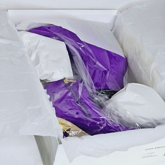 New! Good American Pointed Ankle Sock Shine Neoprene Purple Stiletto Boots - Picture 13 of 15